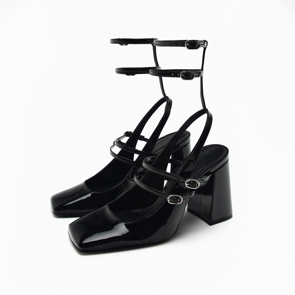 

2025 spring new product black ankle strap patent leather thick heel bag head sandals square head single shoes women s Mary Jane high heels 39