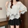 Plus Size Women's Clothing Chubby Girl French Crocheted Cut Out Lace Shirt round Neck Knitwear Casual 3/4 Sleeve Blouse Sun Protection Clothing