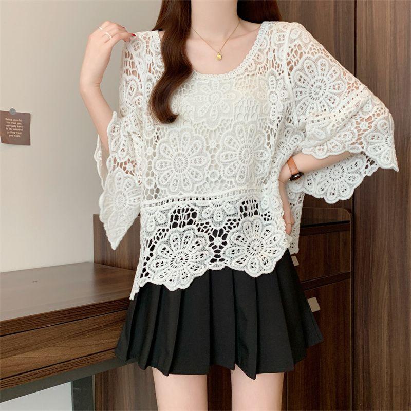 Plus Size Women's Clothing Chubby Girl French Crocheted Cut Out Lace Shirt round Neck Knitwear Casual 3/4 Sleeve Blouse Sun Protection Clothing