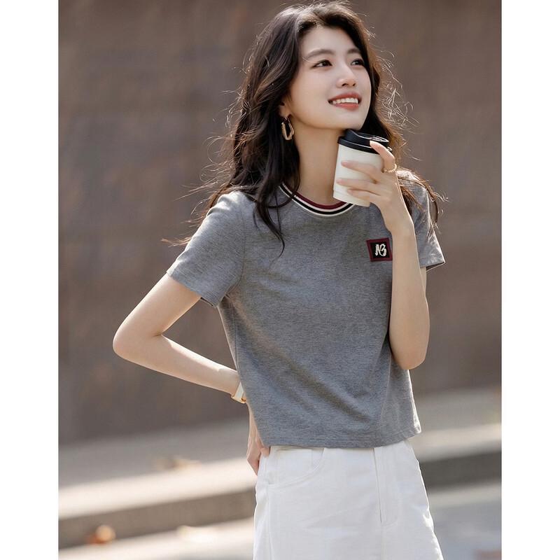 Demana Women's Ribbed Collar Letter Patch Short Sleeve T-Shirt