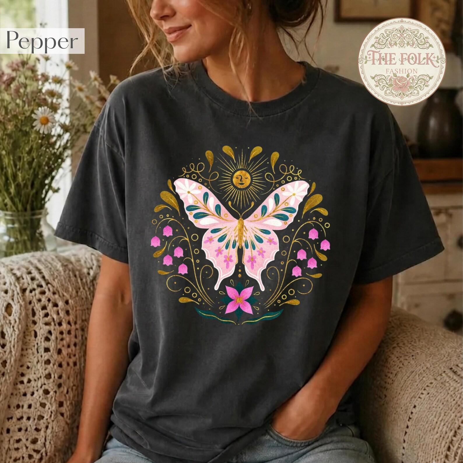 Celestial Moth Shirt, Folk Art Butterfly Tee, Butterfly Graphic T-Shirt, Mystical Sun Insect Shirt, Cottagecore Comfort Colors Tee M