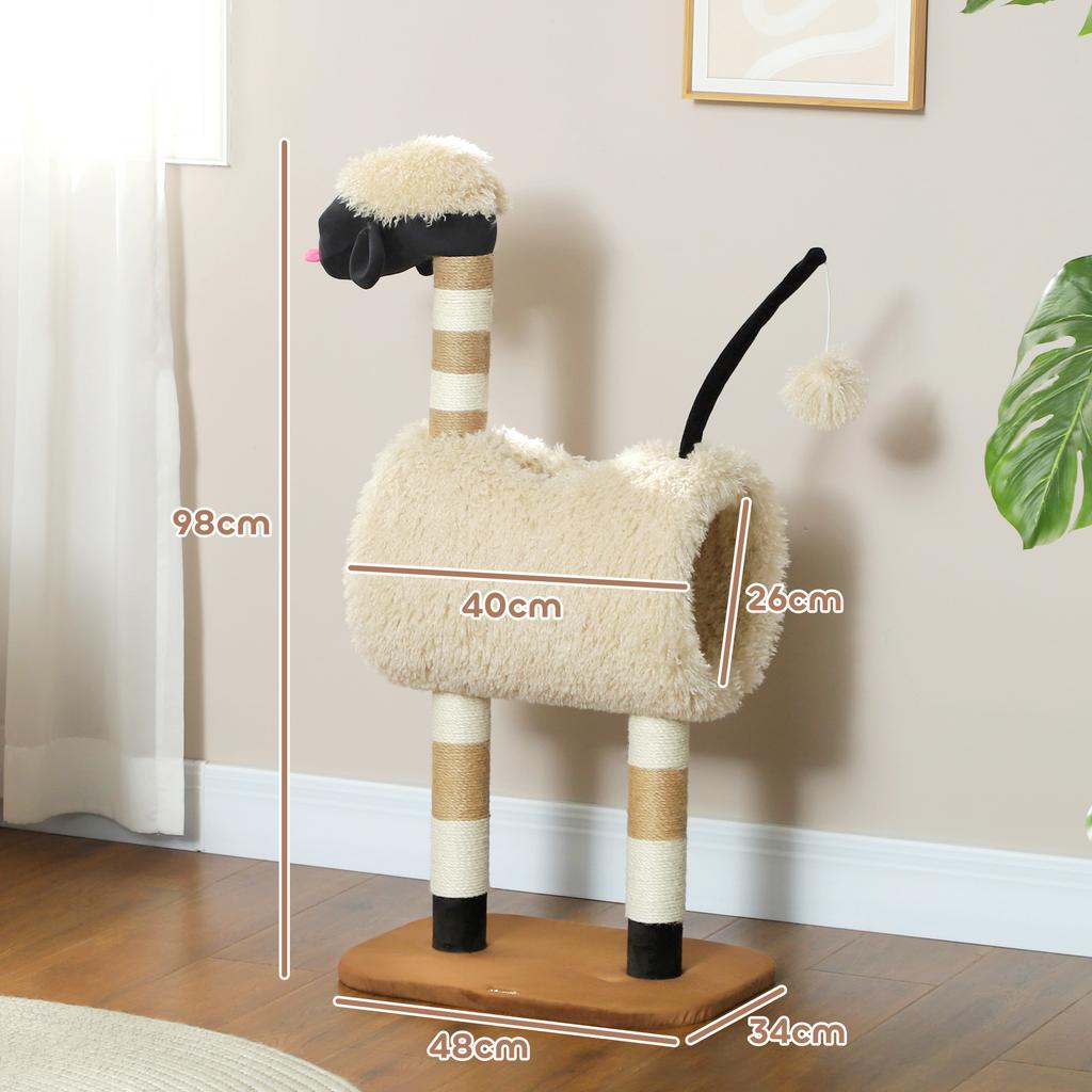Škrabadlo pro kočky v designu ovečky, se škrabacími sloupky, tunelem a hračkou, 98 cm, světle hnědé