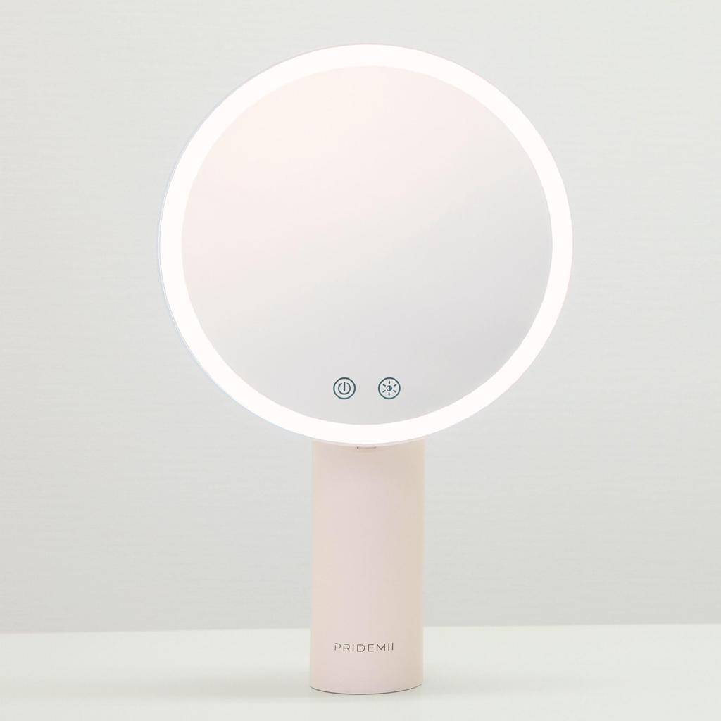 PRIDEMII Multifunctional LED Makeup Mirror with Pad Easy Touch Brightness Stepless Makeup Tabletop Mirror with Light Pole-Shaped Built-in Stand,
