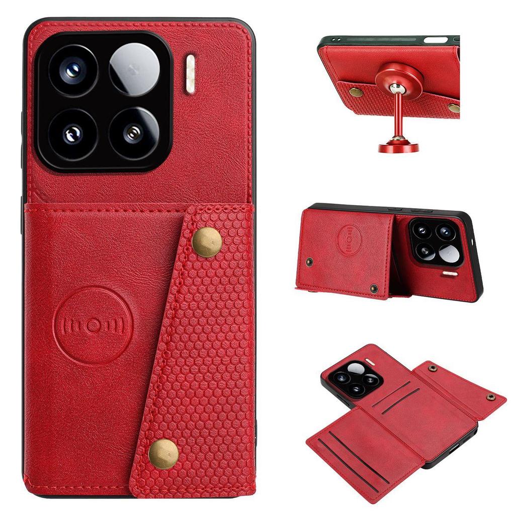 Vintage Leather Card Holder Phone Case for Xiaomi 15 Pro Card Pockets Dual Snap Buttons Flip Wallet Shell