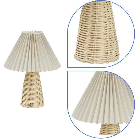 Pleated Table Lamp Bedside Night Lamp with Rattan Base Vintage Design Soft Warm Light for Bedroom Decor and Accent Lighting