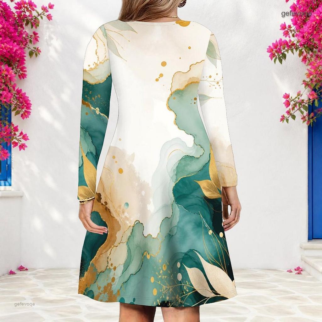 Women Plus Size V Neck Long Sleeve Blue Gold Printed A Line Dress