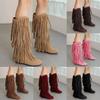 Boots Women Mid Calf With Heel Women'S Winter Chunky Heel Fringe Boots Inside Booster Mid Faux Leather Western Boots
