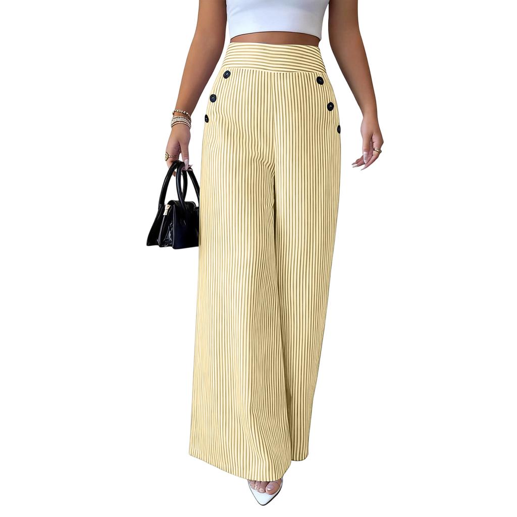 Flowy Pants for Women Casual High Waisted Wide Leg Palazzo Pants Long Trousers with Buttons and Pockets Plus Size