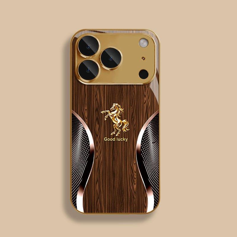 Golden Horse Wood Grain Tempered Glass Phone Case For iPhone 18 17 Pro Max 16 15 14 Plus 13 12 11 Pro 17Air 16E Protect Cover