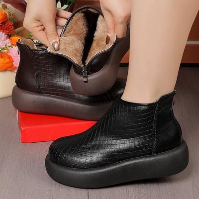 Small Short Boots Autumn and Winter New Retro Wedge Heel Thick Sole Heightened Zipper Cotton Boots Velvet Warm Martin Boots