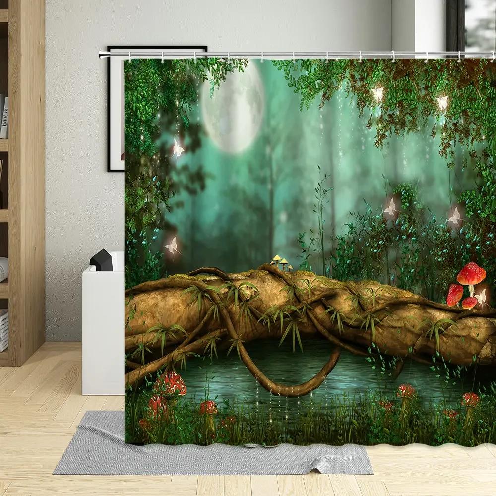 Fantasy Fairy Tale World Shower Curtain Vine Door Green Forest Mushroom Animal Bathroom Decor Polyester Bath Curtains With Hooks