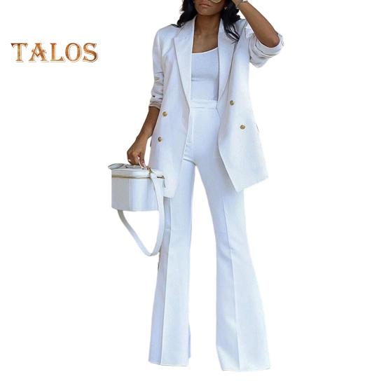 

2 шт./компл., женское пальто, комплект брюк, двубортный кардиган средней длины с лацканами, куртка с длинными рукавами, широкие брюки с высокой талией, прямые брюки, женские формальные брюки для поездок на работу 2XL белый