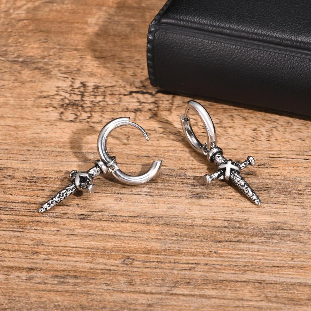 Nails Cross Hoop Earring for Men Boys,Waterproof Stainless Steel Huggies Earring,Gothic Rock Punk Jewelry Gifts