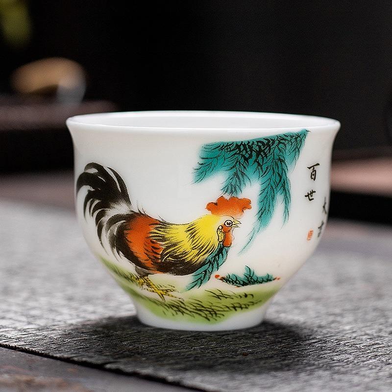 Cylinder Cup Chicken Ceramic Chinese Tea Cup Sheep Fat Jade Rooster Tea Cup Kung Fu Tea Ceremony Accessories Drinking Utensils