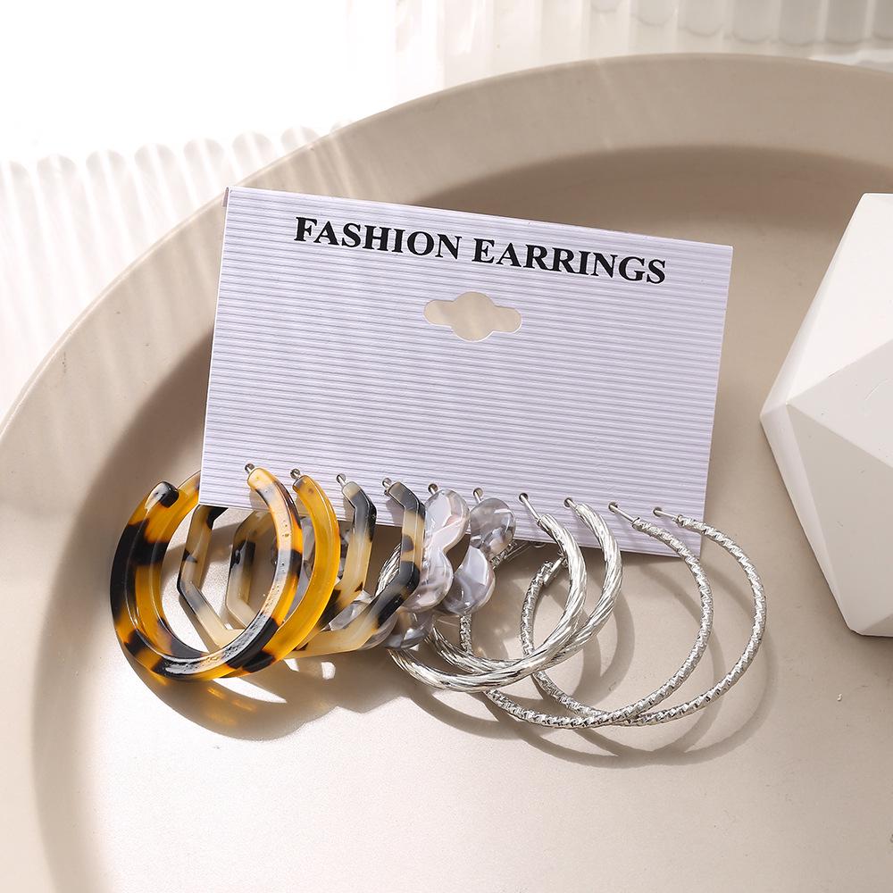 5-Pair Retro Leopard & Floral C-Shaped Earrings Set - Creative Personality Silver Hoops