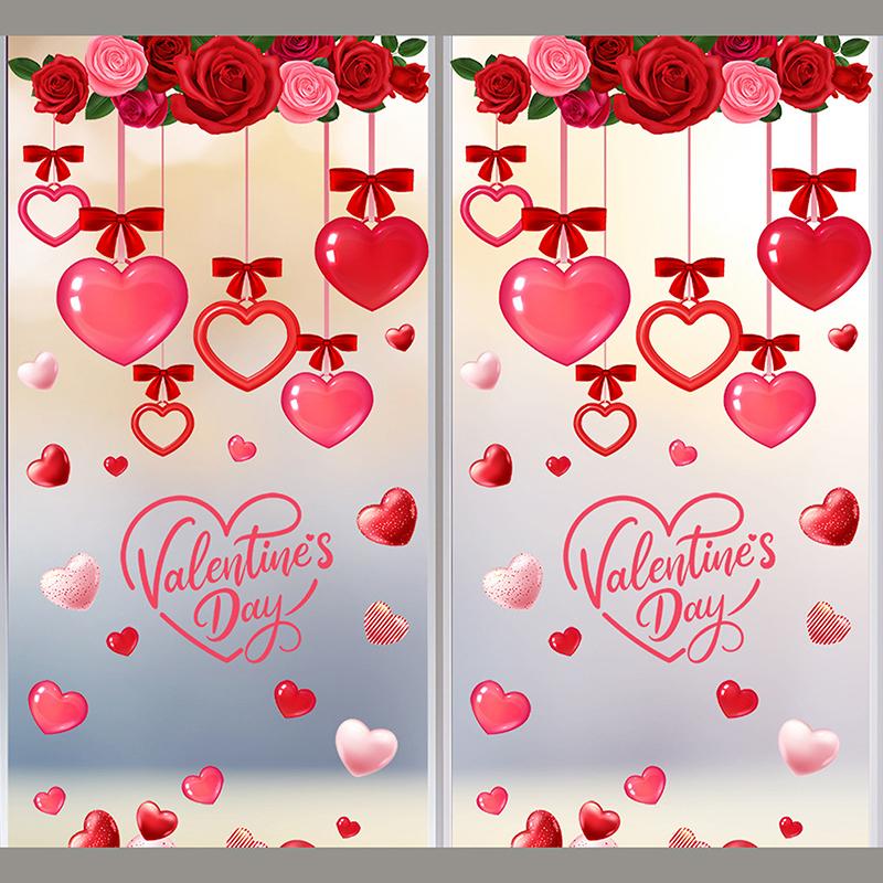 

1 Pcs Valentines Day Window Clings With Red Ribbon Romantic Heart Design Static Window Stickers Reusable Double-Sided C