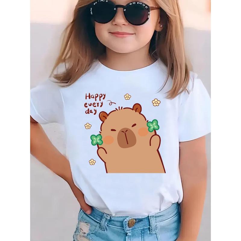 

European sizes Summer Fashion Girls Short-Sleeve T-Shirt HAPPY EVERY DAY with Four-Leaf Clover Holding Capybara Cartoon Print 98cm белый