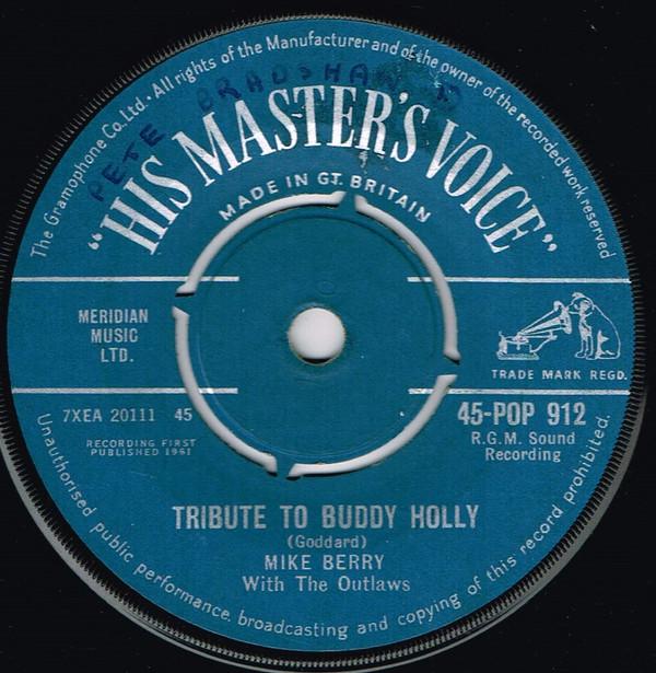 

7-дюймовая пластинка MIKE BERRY THE OUTLAWS Посвящение Бадди Холли 45POP912 His Masters Vo 1961 Великобритания Поп Б/у
