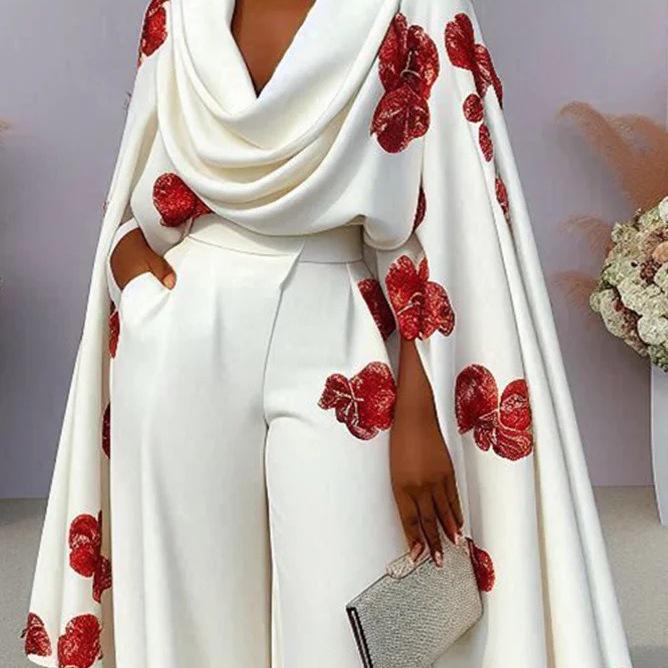 Women's Stacked Neck Long Sleeve Print Two-Piece Set