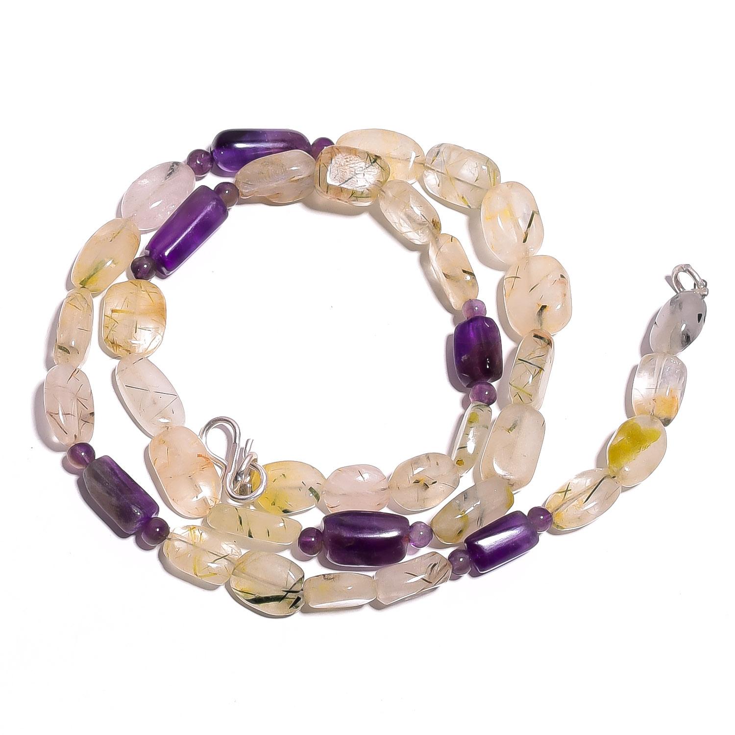 

Natural Rutile Quartz Amethyst Gemstone Mix Smooth Beads Necklace 17 UB-4148 UB-4148