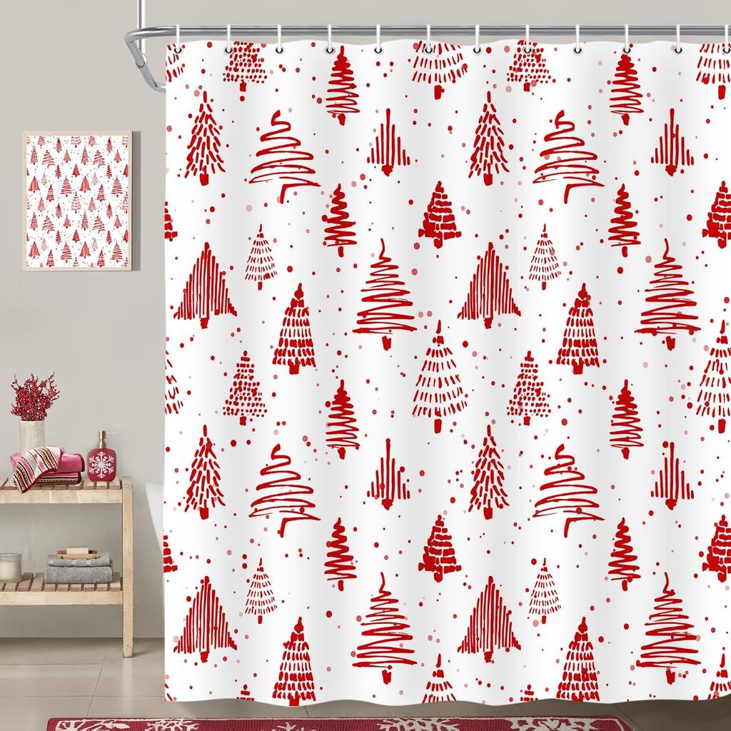 Christmas Tree Shower Curtain, Winter Colorful Cartoon Xmas Tree Cute New Year Bath Curtain Decor, Waterproof Bathroom Accessory