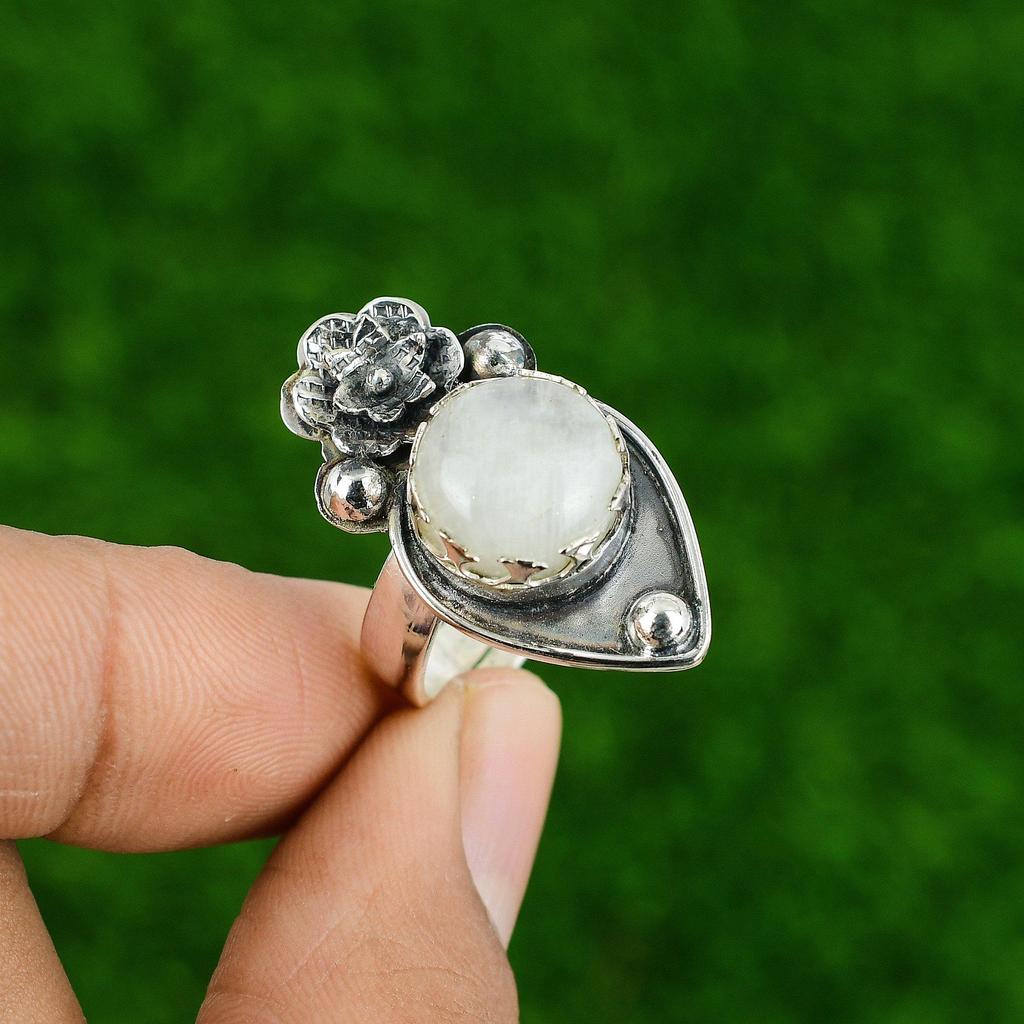 Bague Ajustable Fleur Déclaration Pierre de Lune Arc-en-Ciel Naturelle Argent 925