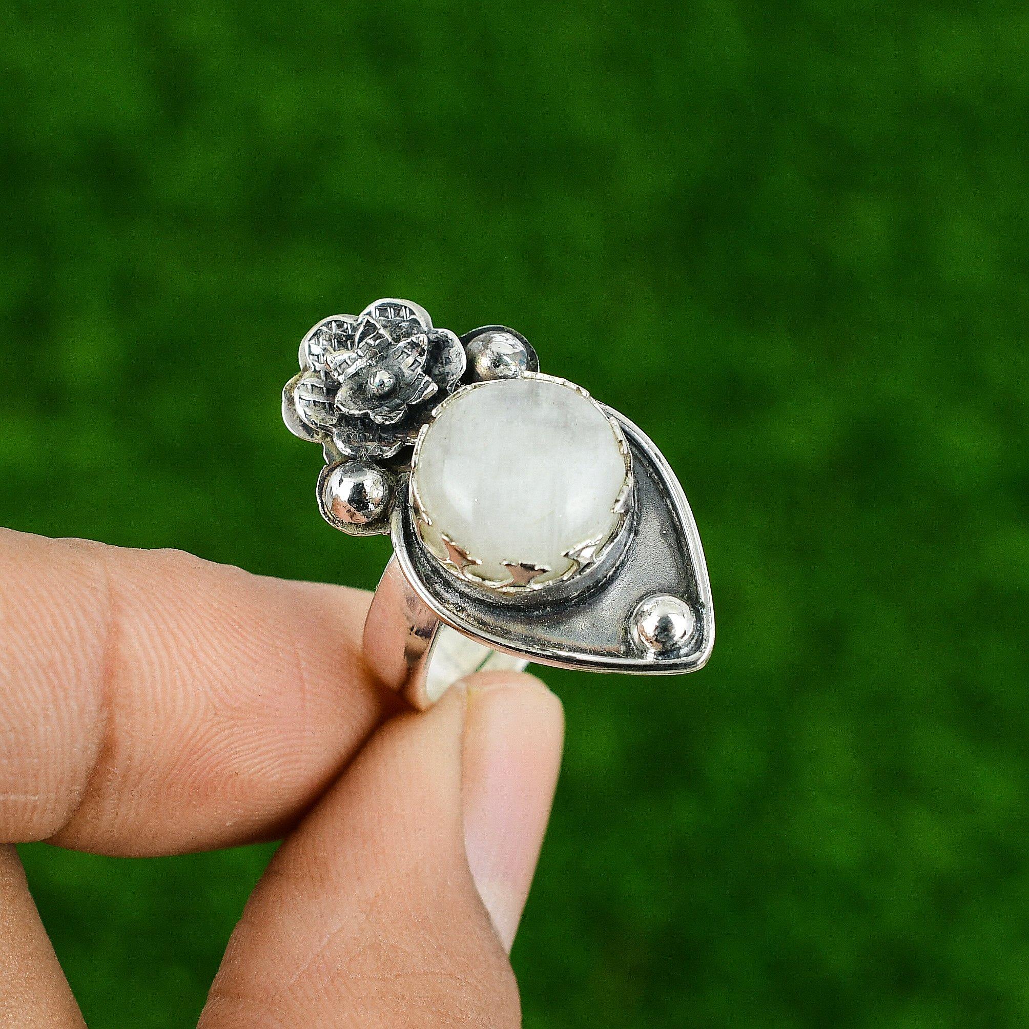 

925 Silver Natural Rainbow Moonstone Statement Flower Adjustable Ring Adjustable