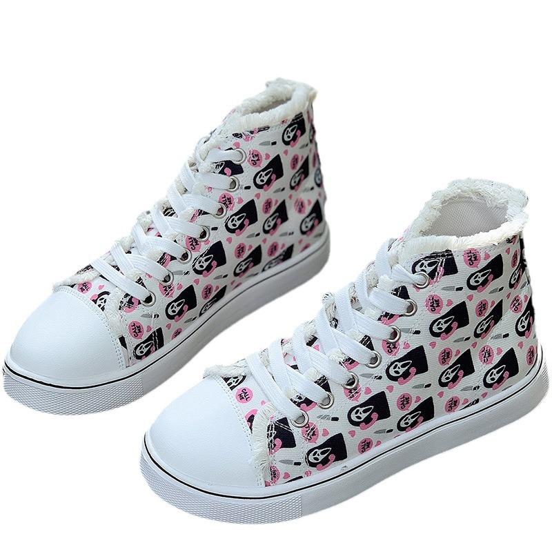 Women's Board Shoes Printed Large Size High-top Canvas Shoes Flat-soled Lace-up Casual Shoes