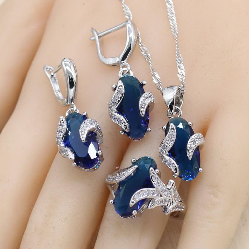 Oval Royal Blue Semi-Precious Women Color Jewelry Sets With Bracelet Necklace Pendant Earrings Ring Birthday Gift