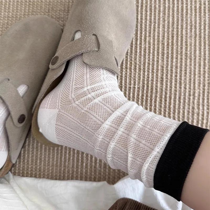 5/10 Pairs Women Mesh Color Blocked Mid Tube Socks Spring Summer Hollow Out Thin Design Breathable Soft Comfortable Casual Socks