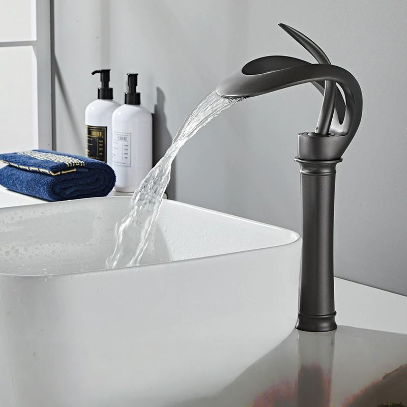 Tuqiu Bathroom Basin Faucet Black Bathroom Faucet Brass Creative Grey Sink Mixer Tap Hot & Cold Waterfall Basin Faucet