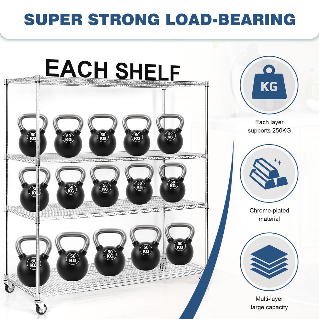 5-Tier 70.87x59.76x23.98in Heavy Duty Steel Storage Rack with Wheels Rolling Storage Shelf for Warehouses Closets Kitchen School