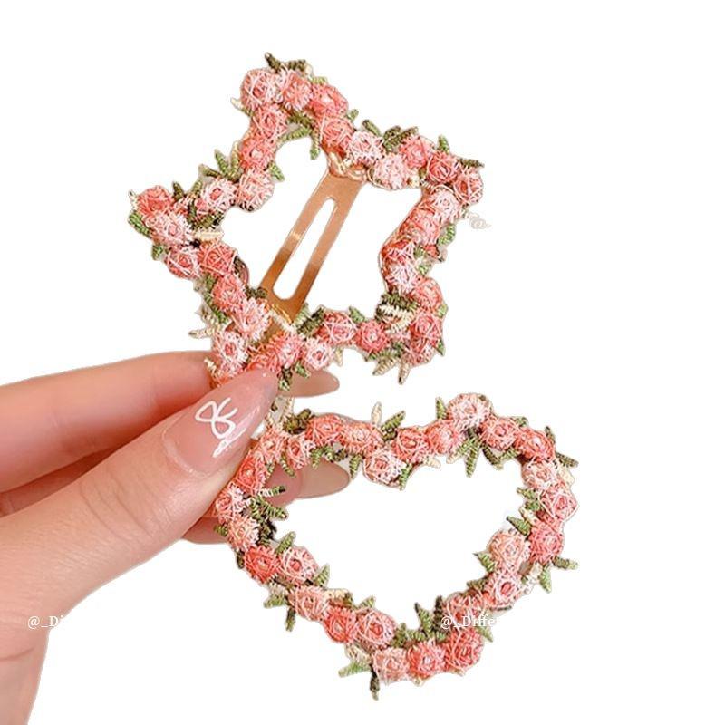 2025 Spring/Summer Sweet Pink Flower Embroidered Hair Clip for Kids