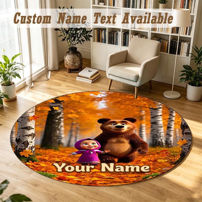 Round Rug Custom NameMasha and the Bear Cartoon Pattern Non Slip Carpet Home Floor Decor