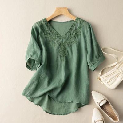 T-shirt da donna estiva scollo a V ricamo ampia sezione sottile dimagrante taglie forti cotone e lino manica corta Abbigliamento da donna