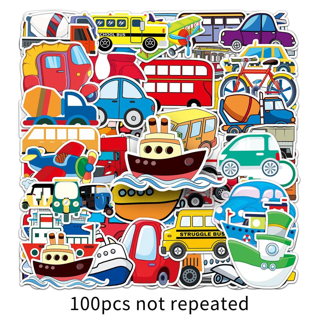 100 Creative Cartoon Vehicle Stickers for DIY, Journals, Phones, and Stationery - Colorful Car Designs