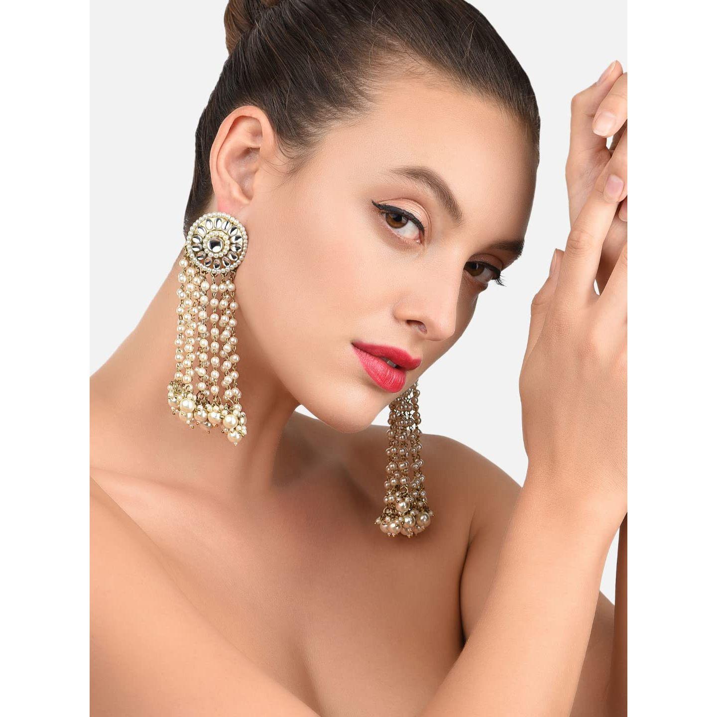 

Женские серьги-подвески с бахромой и цепочкой из кундана и жемчуга античного золотого тона