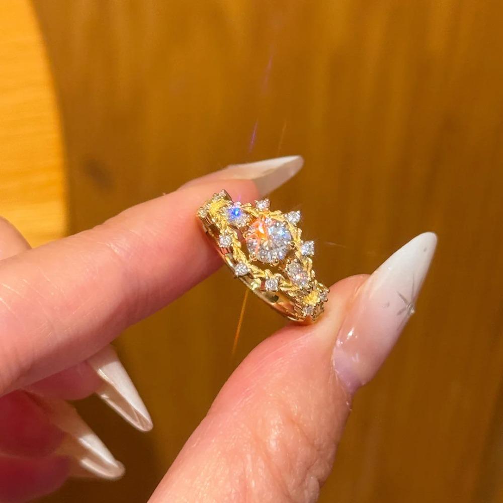 Vintage Gold Plated Open Ring with Leaf Vine Design and Zircon Stone for Women Elegant Minimalist Jewelry