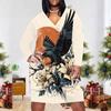 Women Plus Size V Neck Long Sleeve Black Purple Printed Fitted Dress