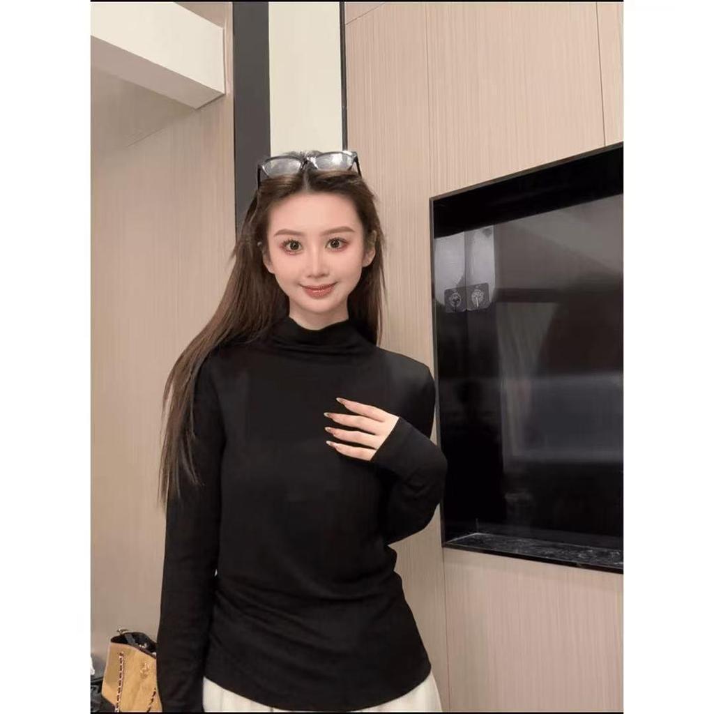 Women's Ribbed German Velvet Warm T-Shirt - Semi-High Neck, Solid Color, Autumn/Winter 2025 Collection