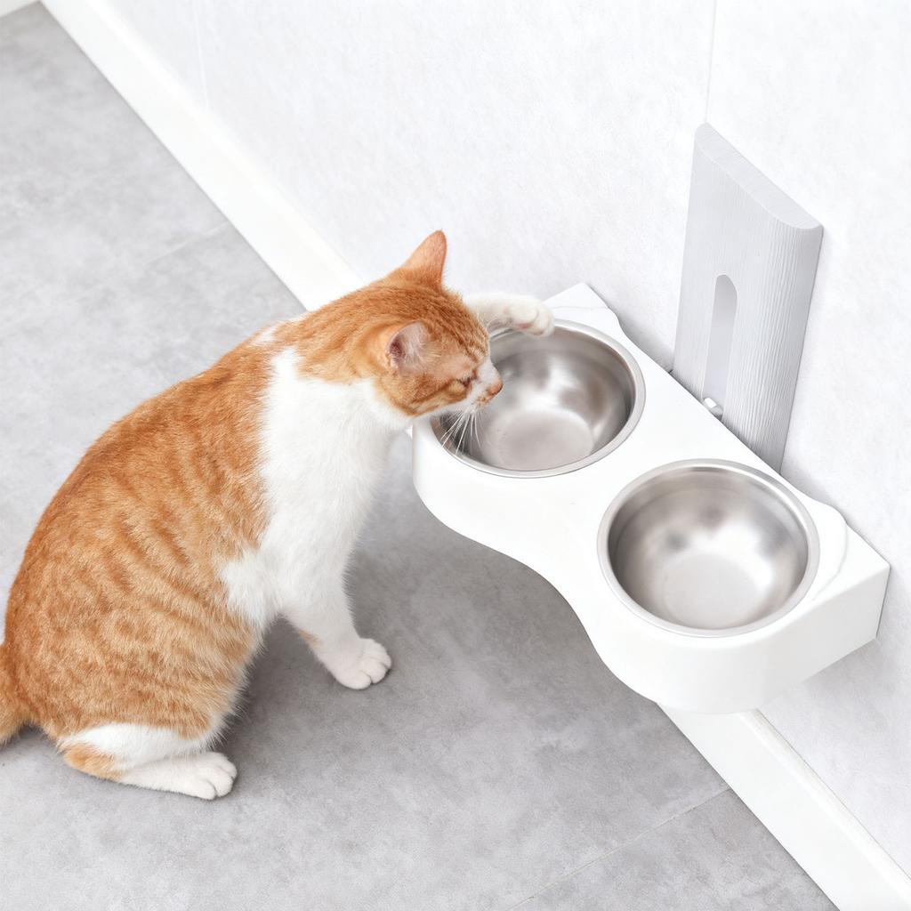Wall Mounted Pet Feeding Bowl Stainless Steel Height Double Bowls Wall Pet Dish Feeding Station