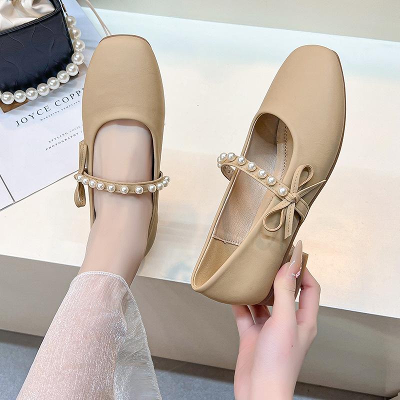 Mary Jane Single Shoes Women's Spring and Autumn 2025 New French Gentle Pearl Bow with Skirt Flat Beanie Shoes
