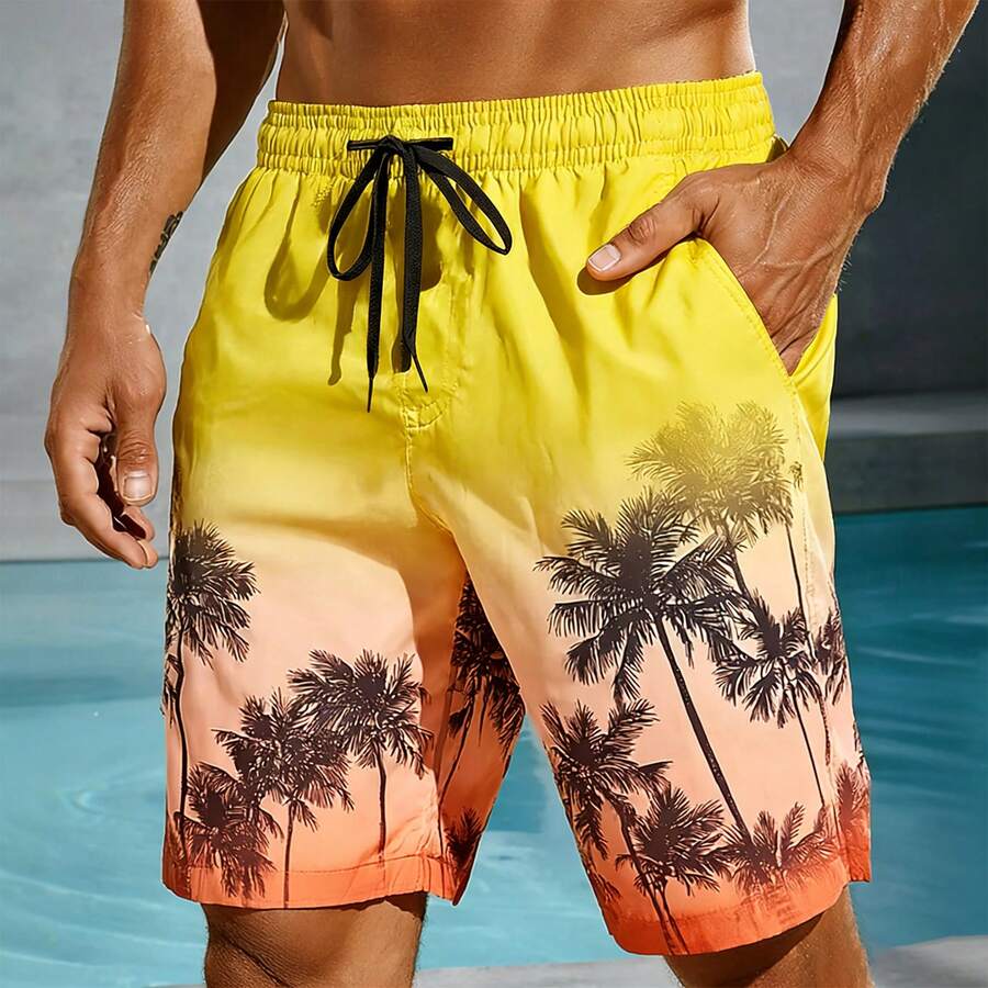 Men's Board Shorts Gradient Multicolored Palm Tree 3D Print Casual Beach Shorts Summer Casaul Vacation Lightweight Sport Shorts