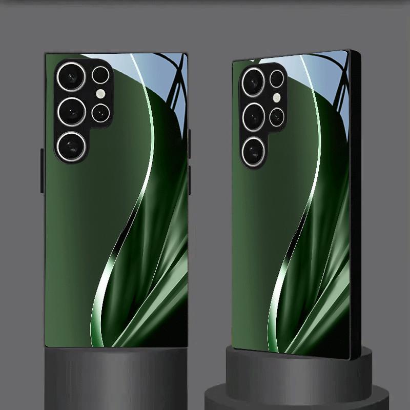 Dark green silver curved black glass phone case suitable for Samsung Galaxy S26 S25 S24 S22 S21 S20 FE/Ultra/Plus anti fall