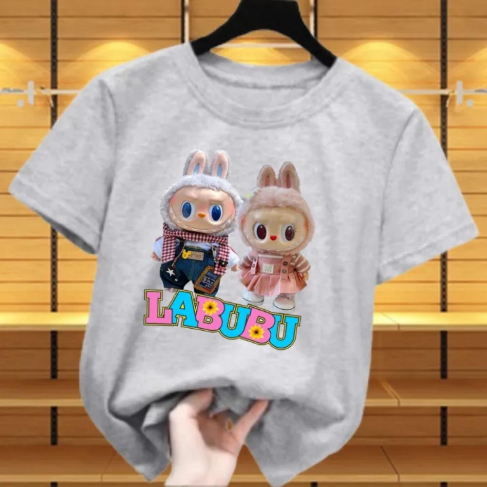 New Labubu Children's T-shirt Scarf LABUBU and Skirt LABUBU Pattern Girl Round Neck Short Sleeve Casual Versatile Clothing