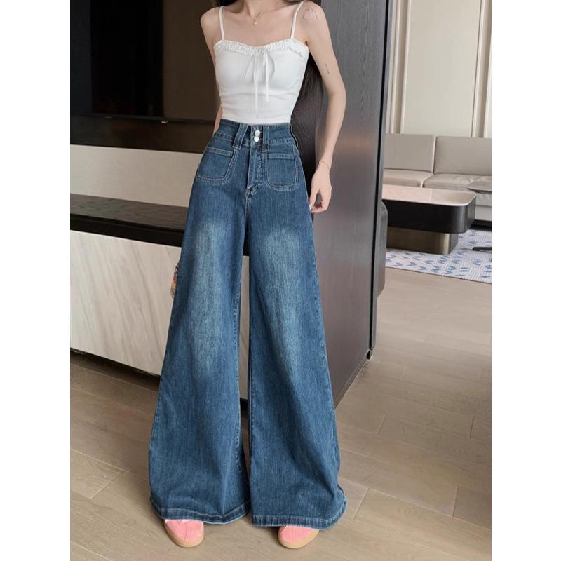 Petite Women's Retro Blue Wide-Leg Floor-Length Loose Jeans