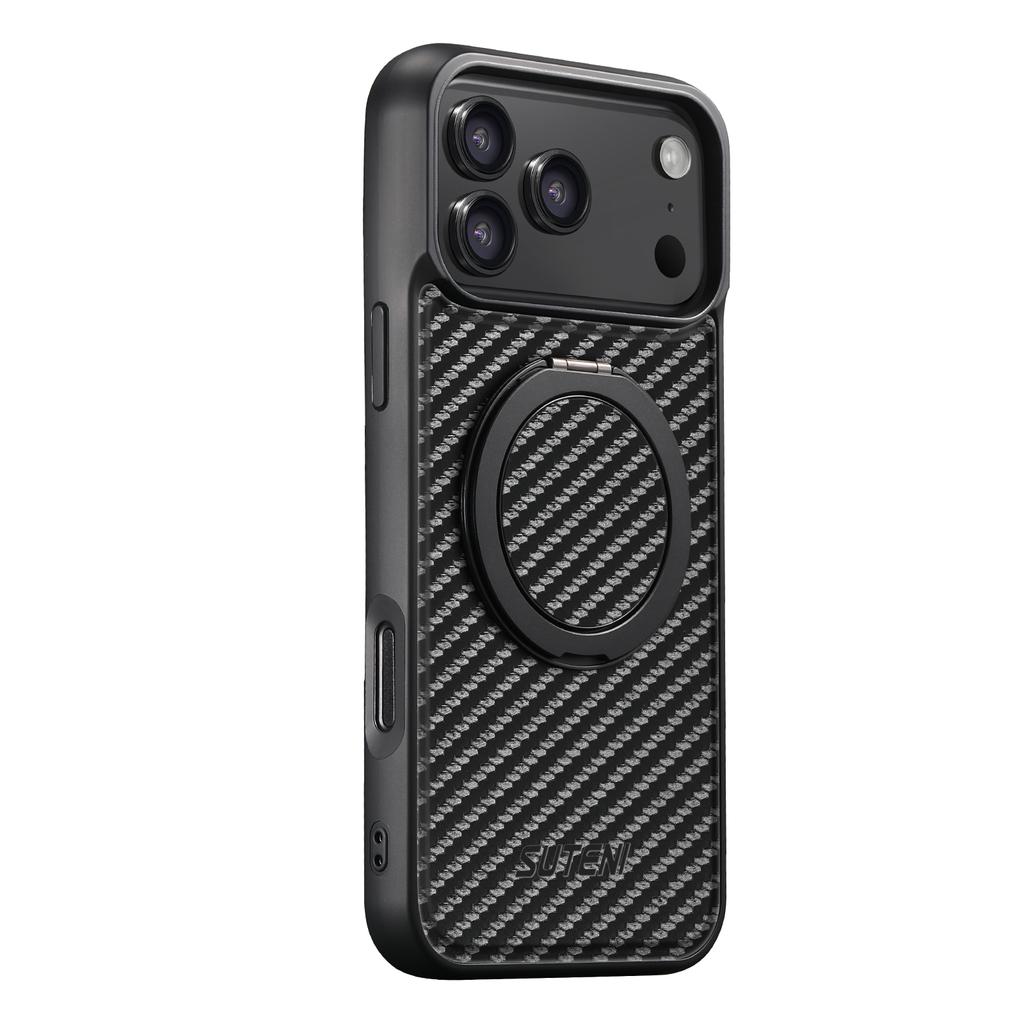 360 Rotating Bracket Carbon Fiber Leather Case For iPhone 17 Air 17Pro Max 16 Plus 15 14 Pro Magnet Wireless Charging Cover