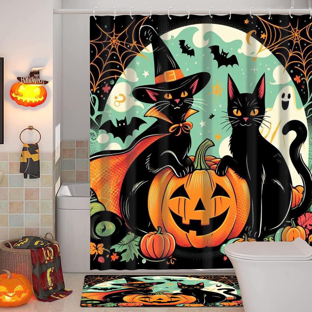 Halloween Katzen Muster Badezimmer Duschvorhang Mit 12 Haken Heim Badezimmer Dekor Und Accessoires