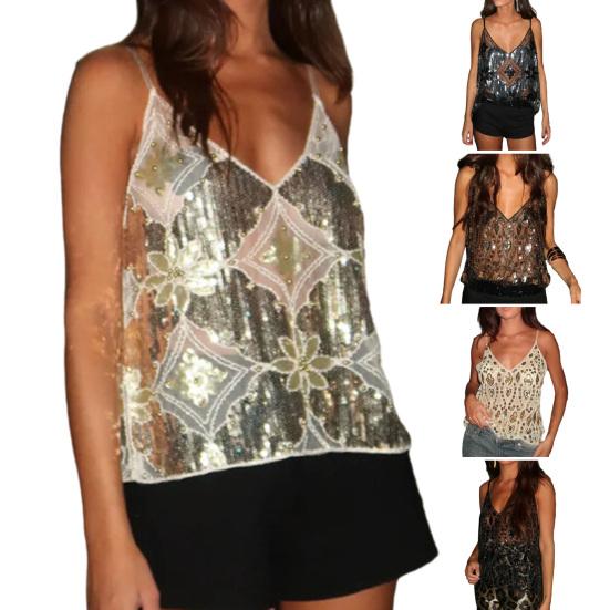 Dame Sommer Vest V-hals Ermeløs Mesh Glitter Ryggløs Paljett Blonder Topper Løs Passform Perlebesatt Stroppskjorte