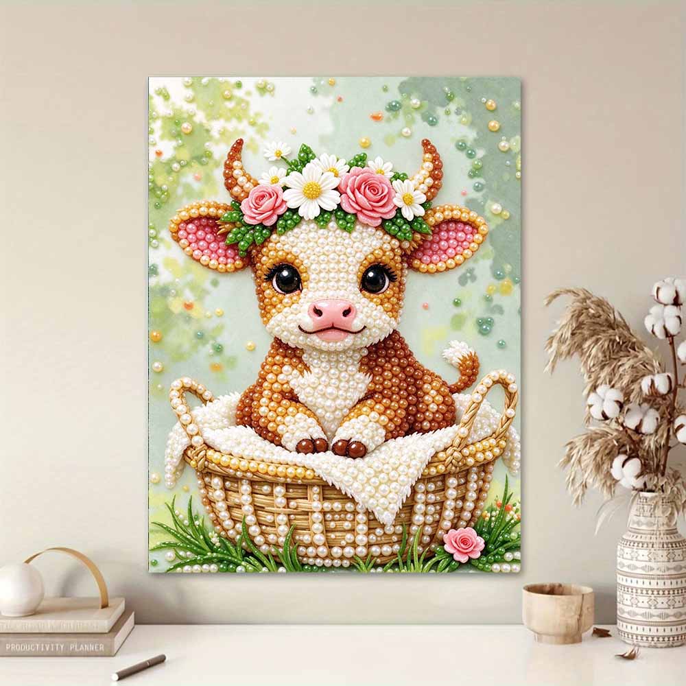 Cute Flower Cow Pearl Painting with Frame 3D Sparkling Canvas Art Relaxing Craft for Bedroom Wall Decor and Special Housewarming Gift
